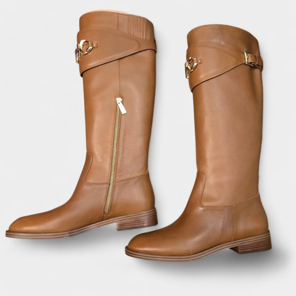 Michael Kors Izzy Tall Leather Riding Boots Luggage Tan Logo 9.5M Equestrian NWB - Picture 3 of 15